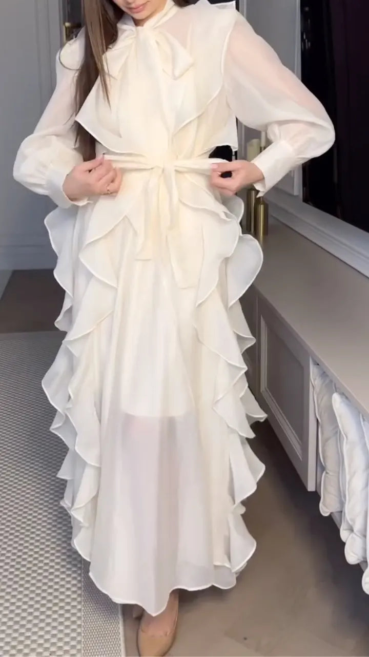 White Sheer Ruffled Tie‑Waist Maxi Dress