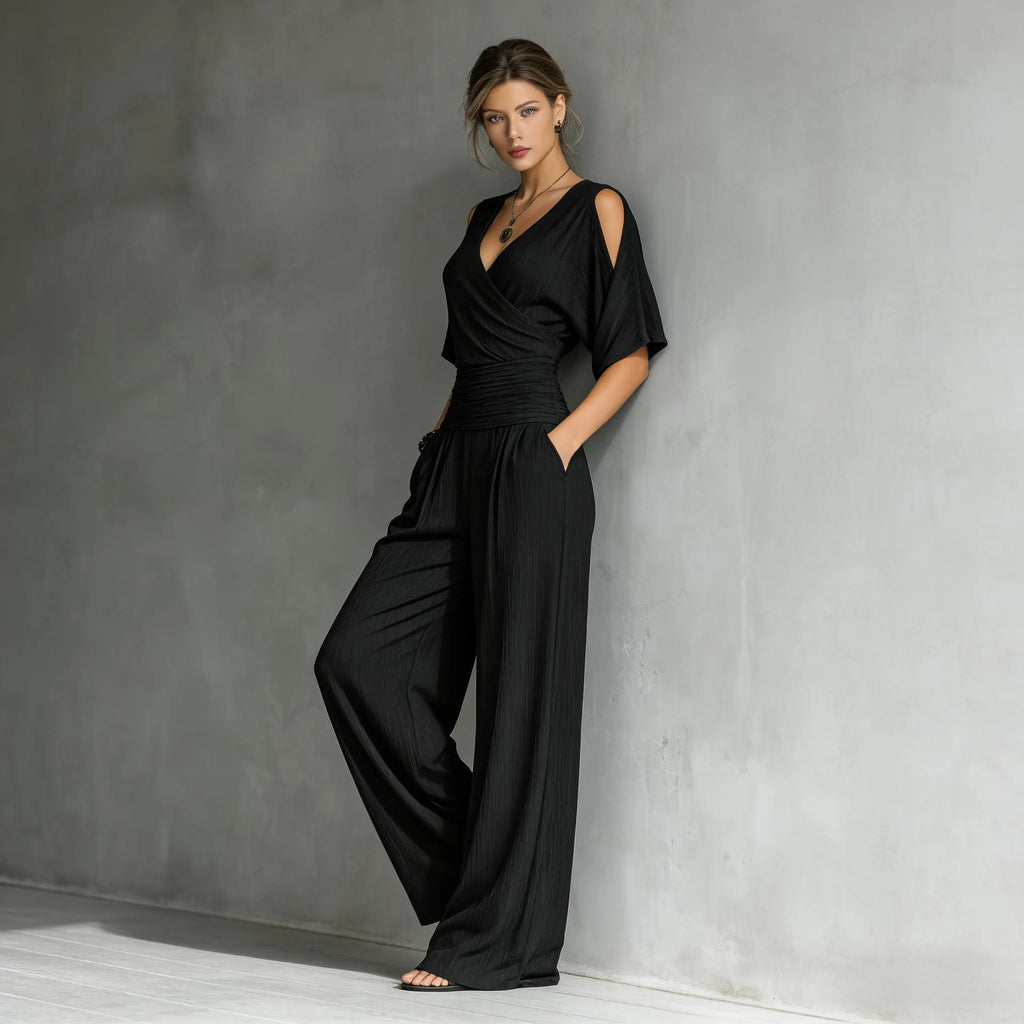 French Chic Wrap V-Neck Jumpsuit - Elegant Ruched Waist Wide-Leg Romper with Shoulder Cut-outs
