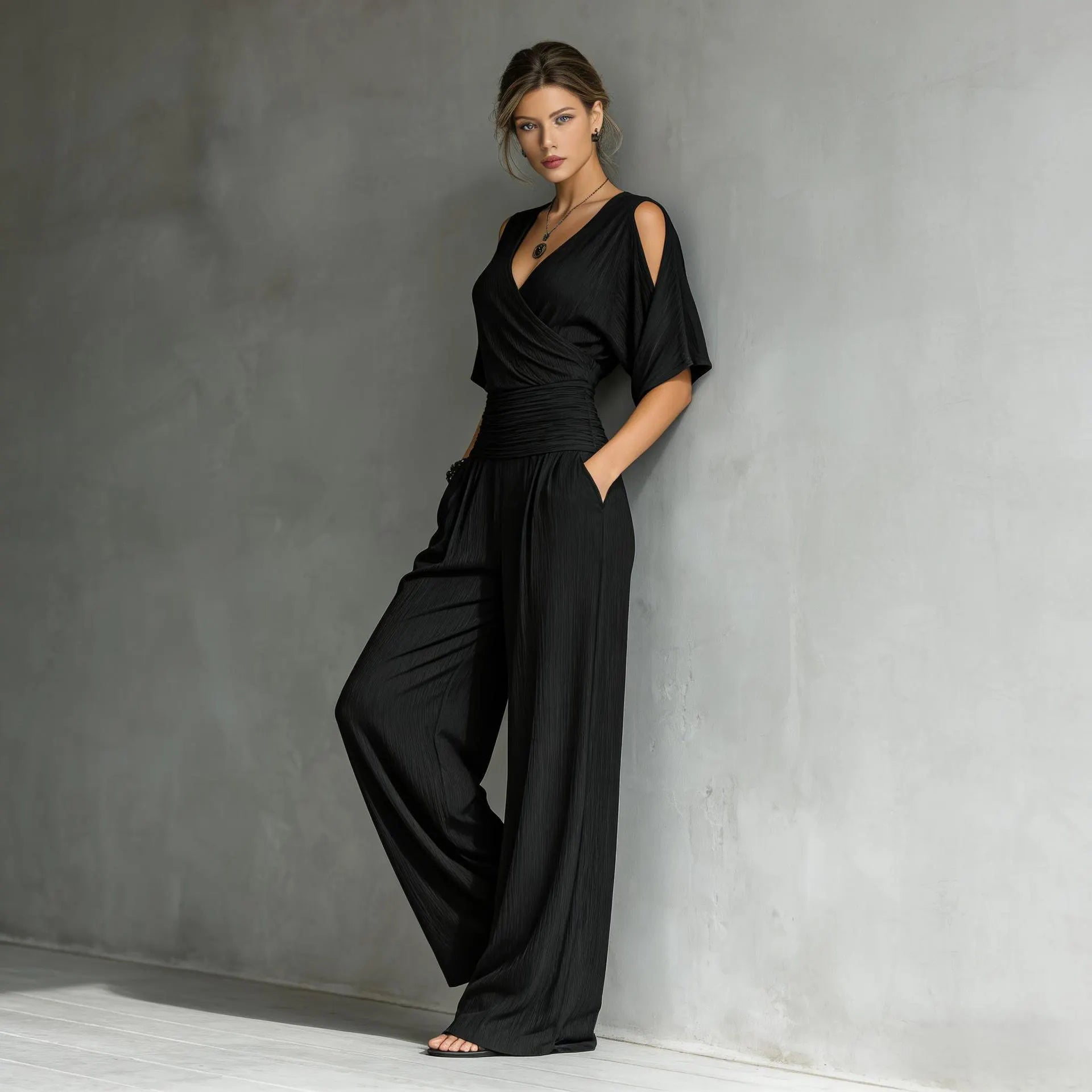 French Chic Wrap V-Neck Jumpsuit - Elegant Ruched Waist Wide-Leg Romper with Shoulder Cut-outs