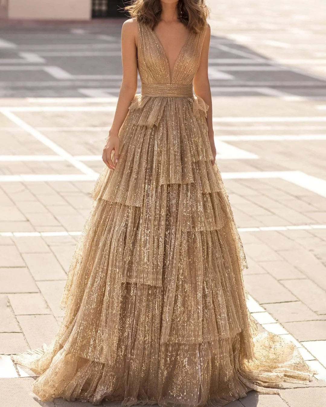 Elegant Layered Tulle Glitter V-neck Maxi Dress - 01