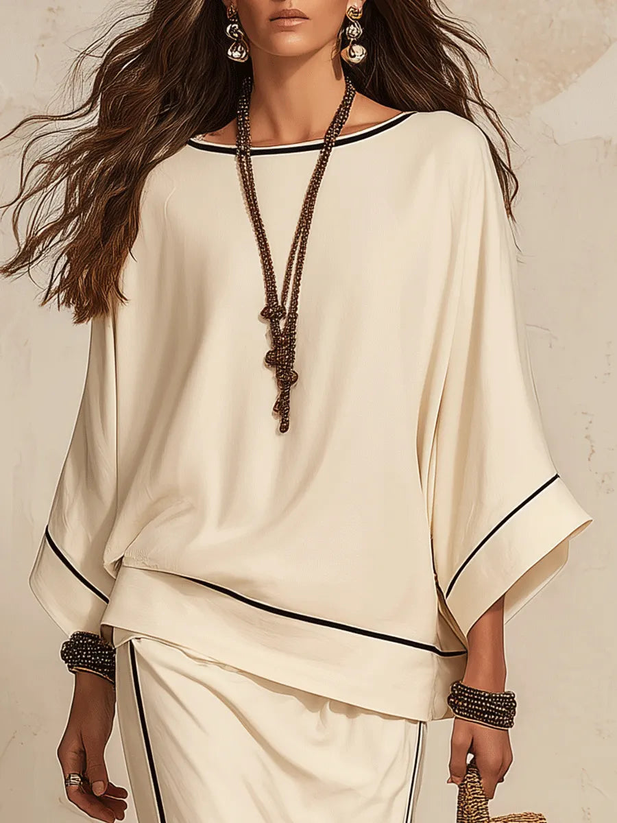 Minimalist Boho Linen Loose Side-Slit Beige Maxi Skirt Set