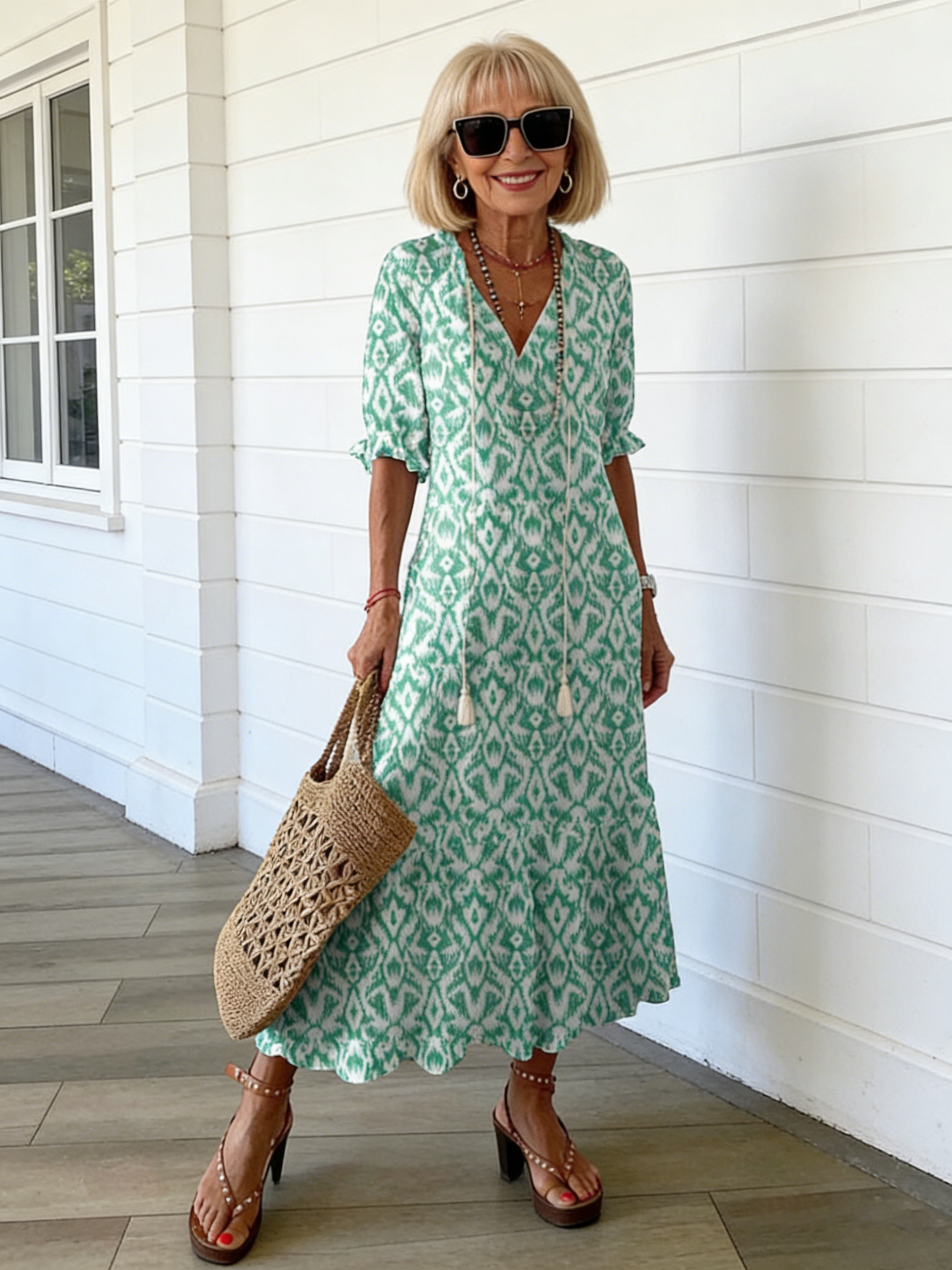 Half Sleeve Floral Print Summer Fall V Neck Casual Geometric Printed Dress