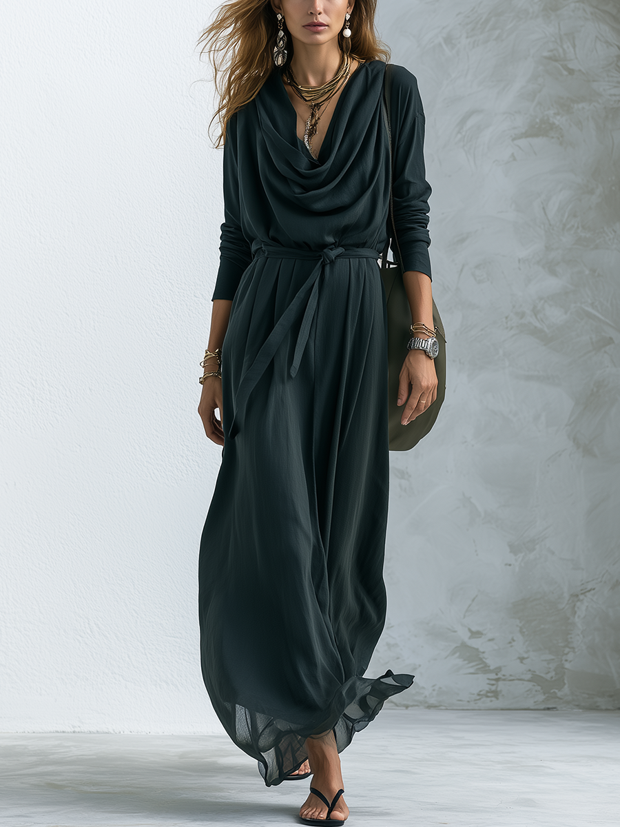 Minimalist Dark Green Draped Cowl Neck Maxi Dress