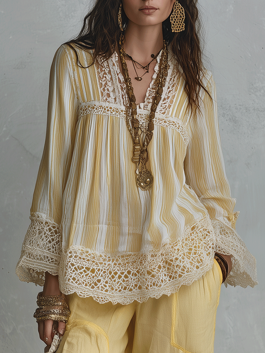 Elegant Vacation Vintage Lace Panel Peasant Blouse