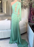 One Shoulder Long Sleeve Pleated Cutout Mermaid Evening Gown, Sage Gold Rhinestone Waist Ruched Train Formal Dress