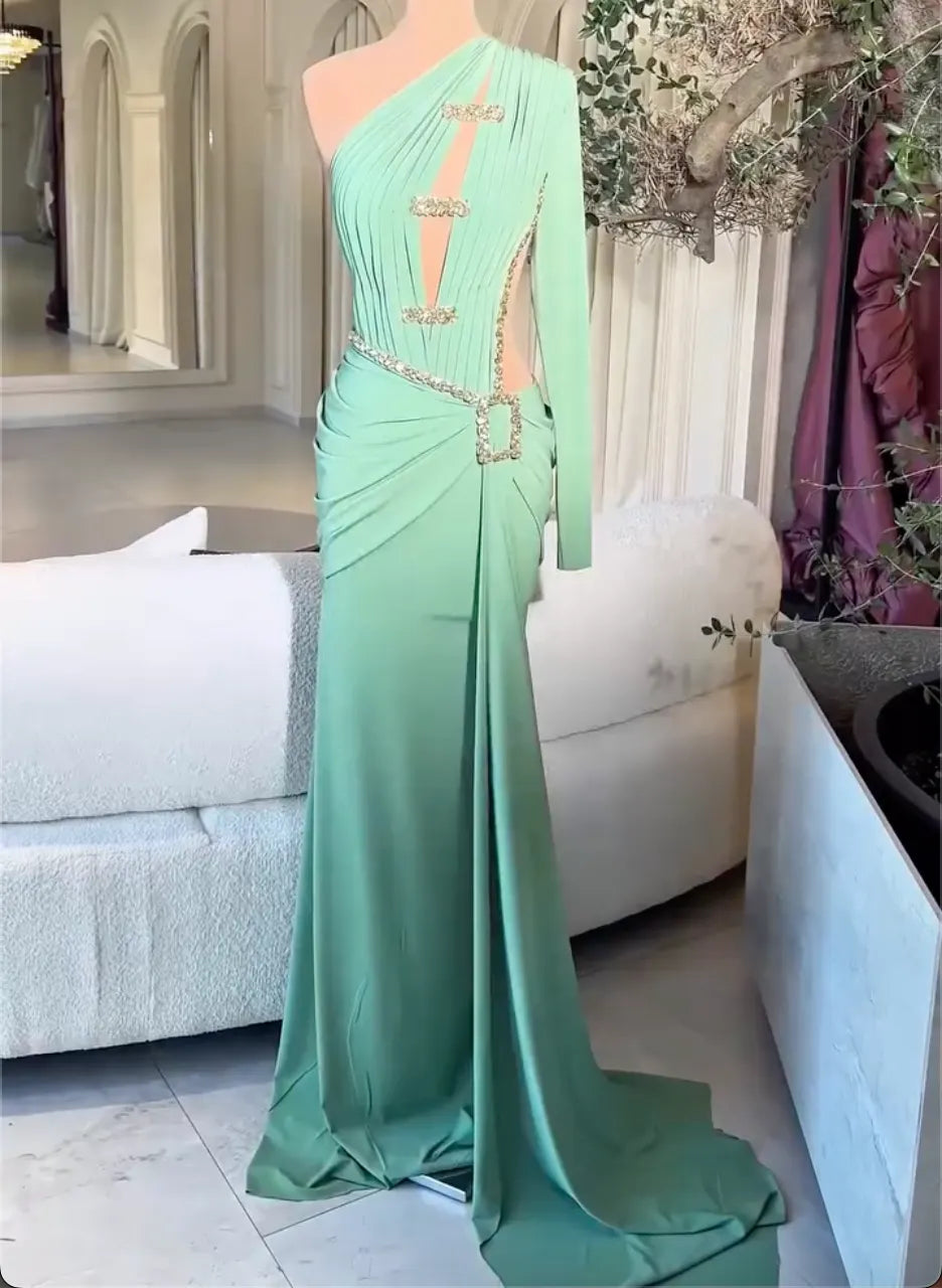One Shoulder Long Sleeve Pleated Cutout Mermaid Evening Gown, Sage Gold Rhinestone Waist Ruched Train Formal Dress