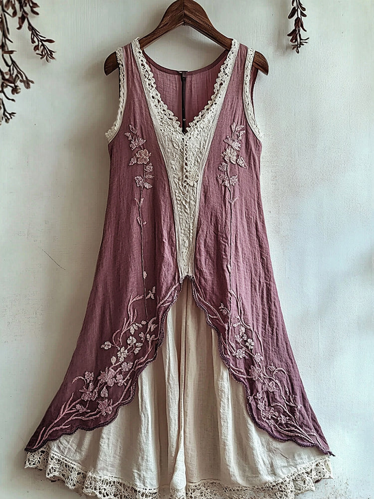 Women's Cherry Blossom Lace Art Vintage Linen Tank Dress