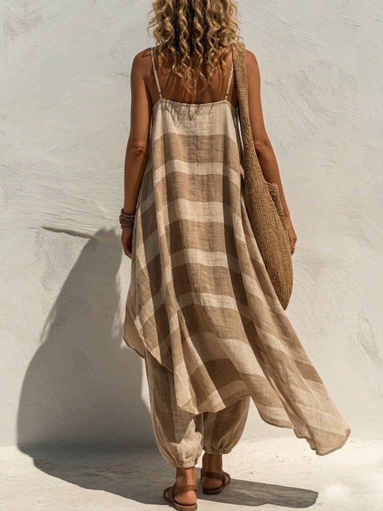 Cozy & Casual Striped Linen-cotton Two-piece Set: Long Spaghetti-strap Top And Lantern Pants