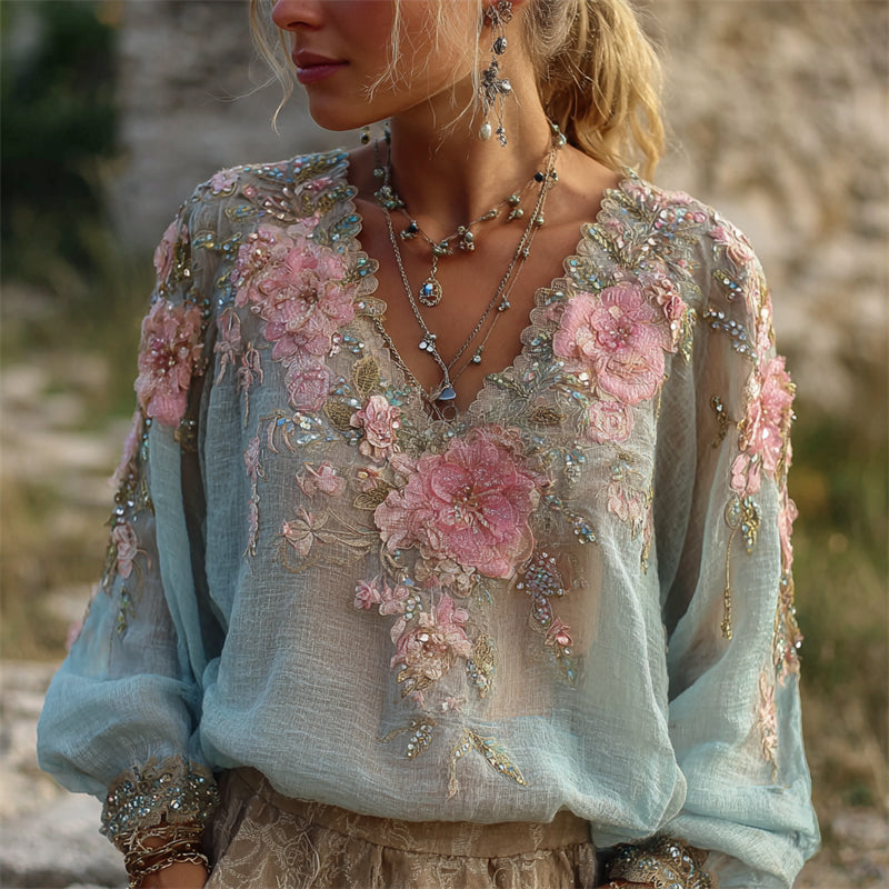 Pink Floral Glitter Diamonds Beaded Flowy Linen Tunic