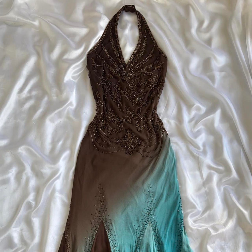 Women's Brown and Blue Dress