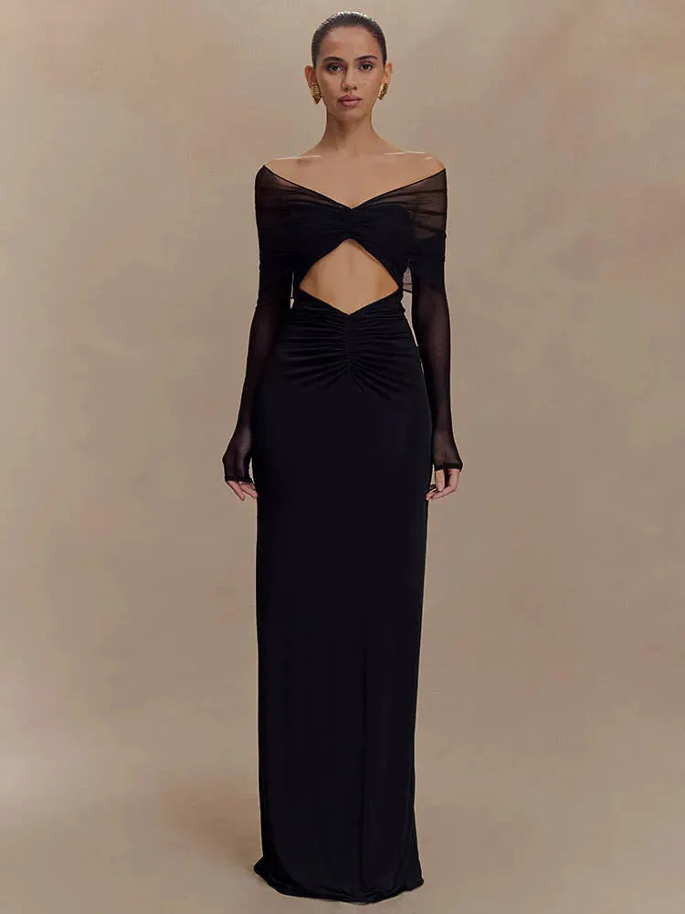 Avielle Off-Shoulder Mesh Bodycon Maxi Dress – Twist Front Ruched Cut-Out Gown for Weddings and Evening Occasions