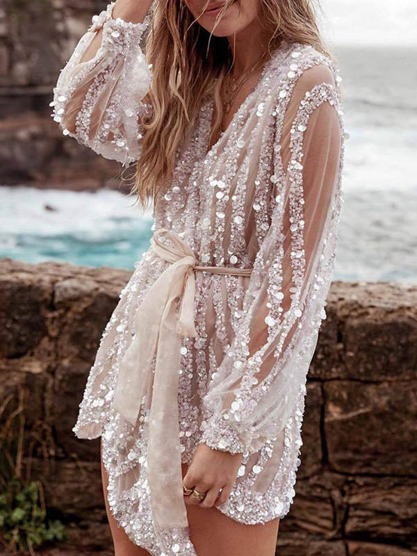Sequined Puff Sleeves V-Neck Mini Dress