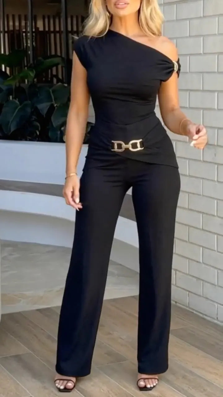 Black One Shoulder Metal Buckle Jumpsuit