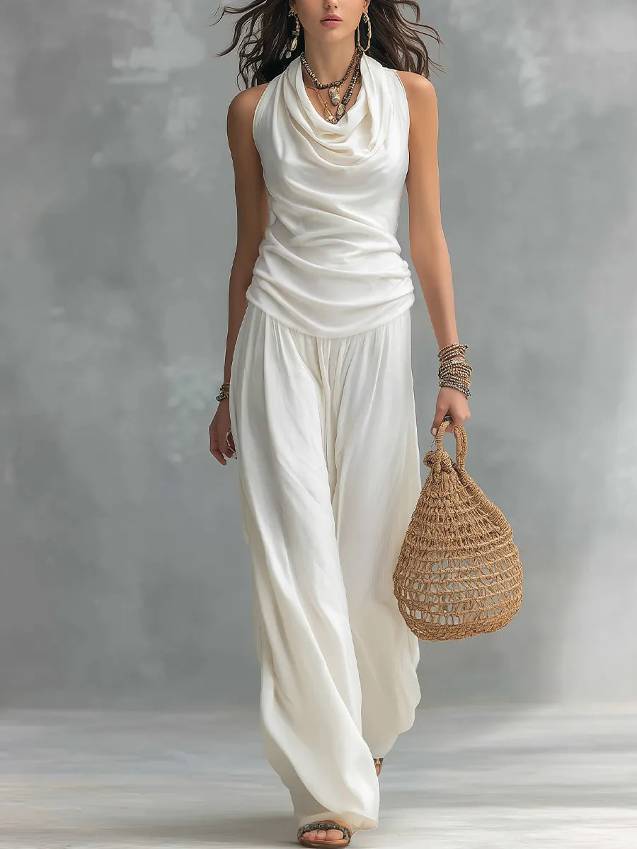 Elegant Ivory Cowl Neck Top & Wide Leg Pants Set