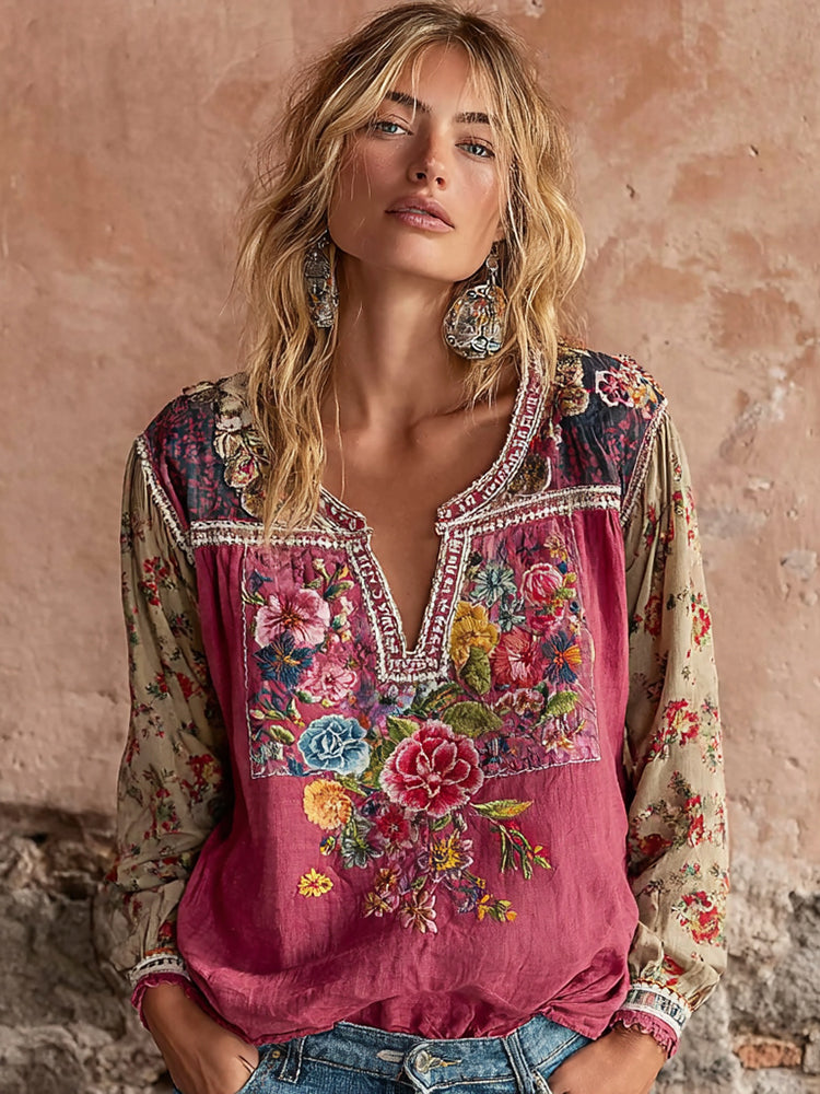 Women's Vintage Flower Embroidery Patchwork V-neck Long Sleeve Linen Blend Blouse