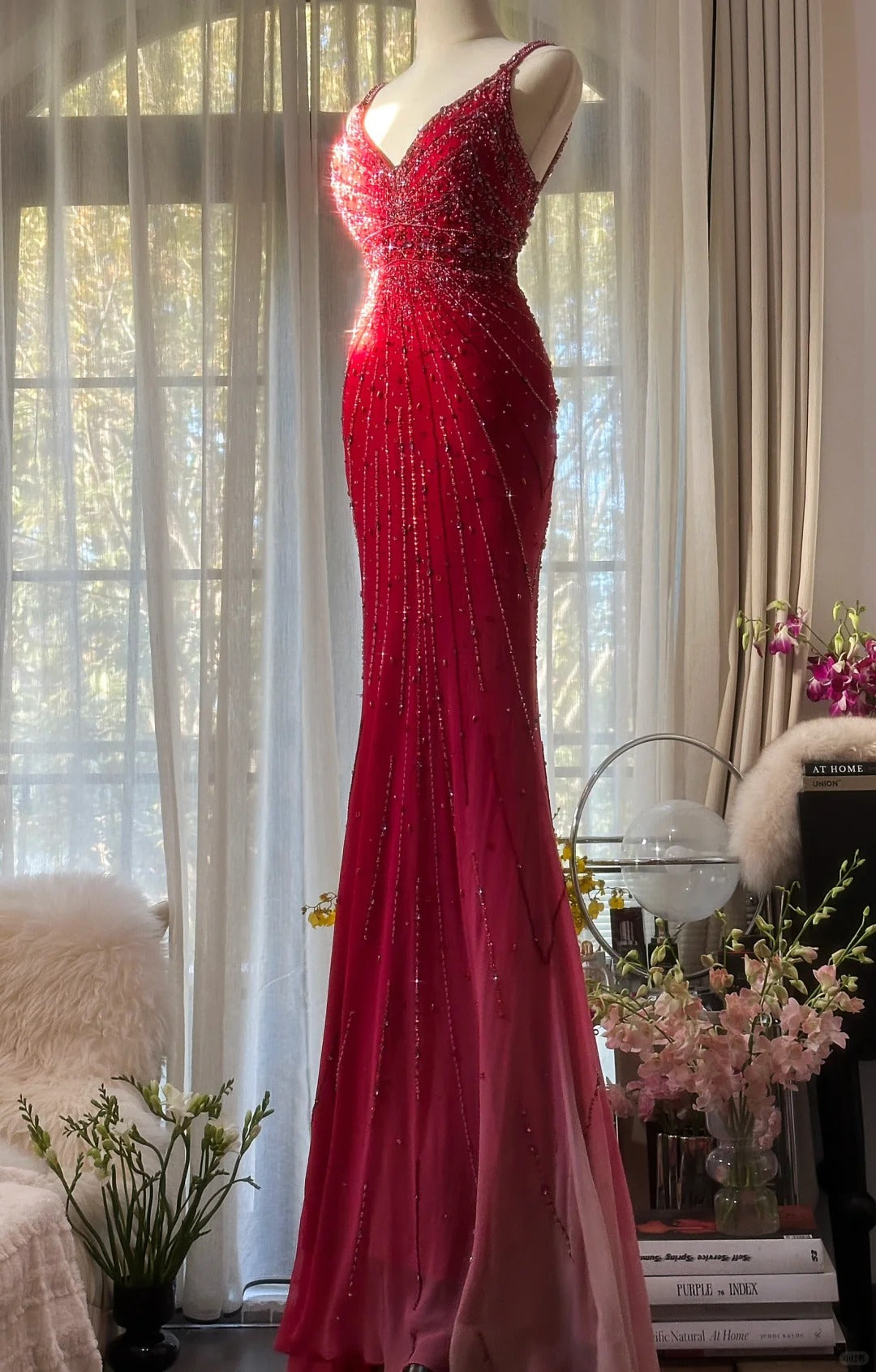 Red Beaded Vintage Evening Dresses, Sleeveless Long Party Gowns  25501