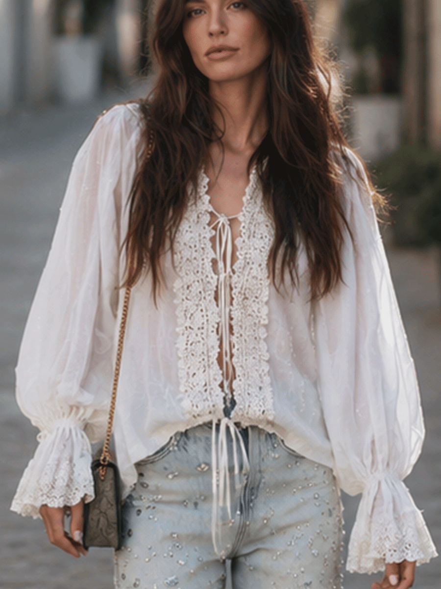 Romantic Boho Cotton-Gauze Crochet-Lace Tie-Front White Peasant Blouse