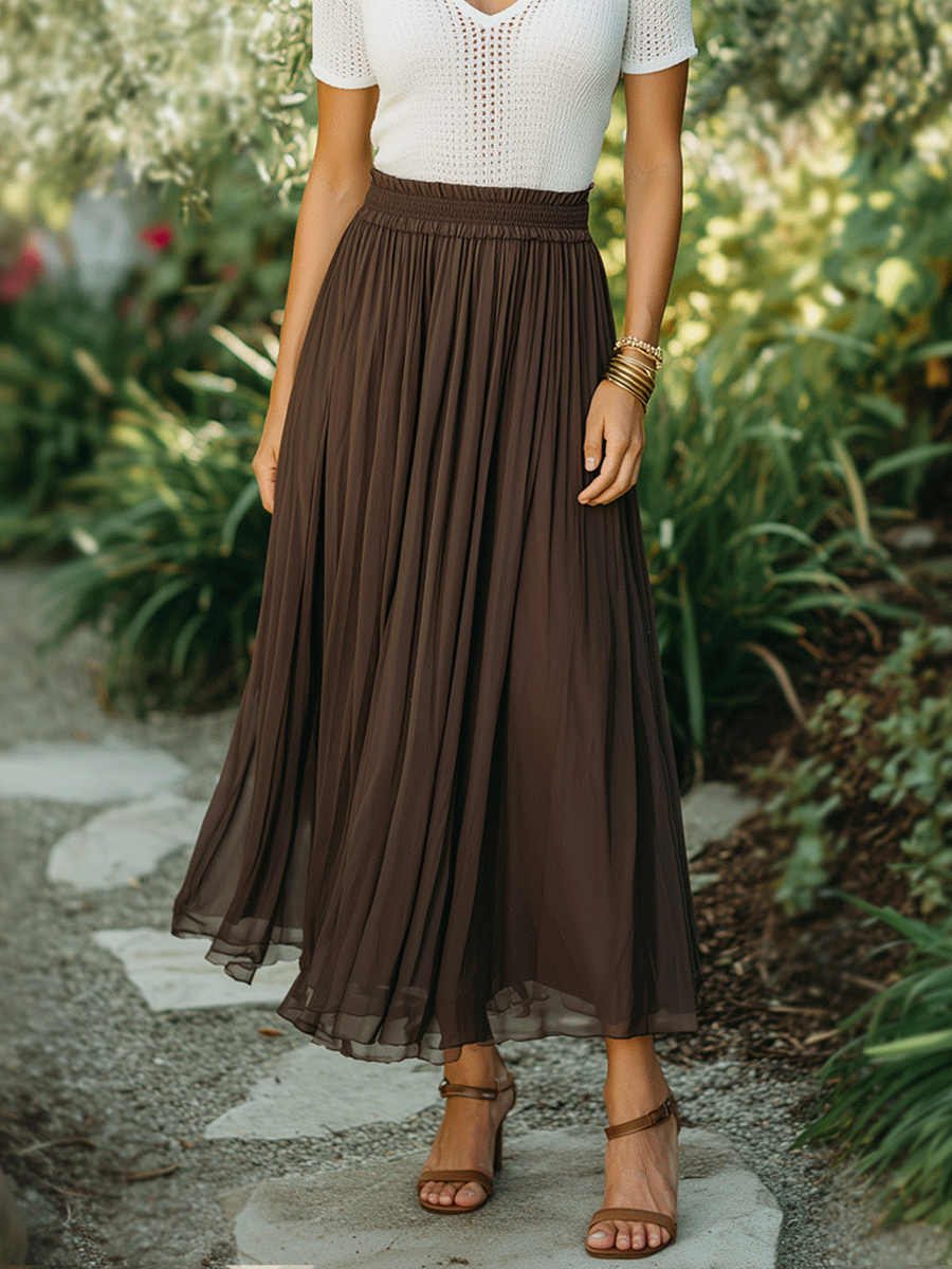 Elegant Brown & Ivory Knit Top & Pleated Maxi Skirt Set