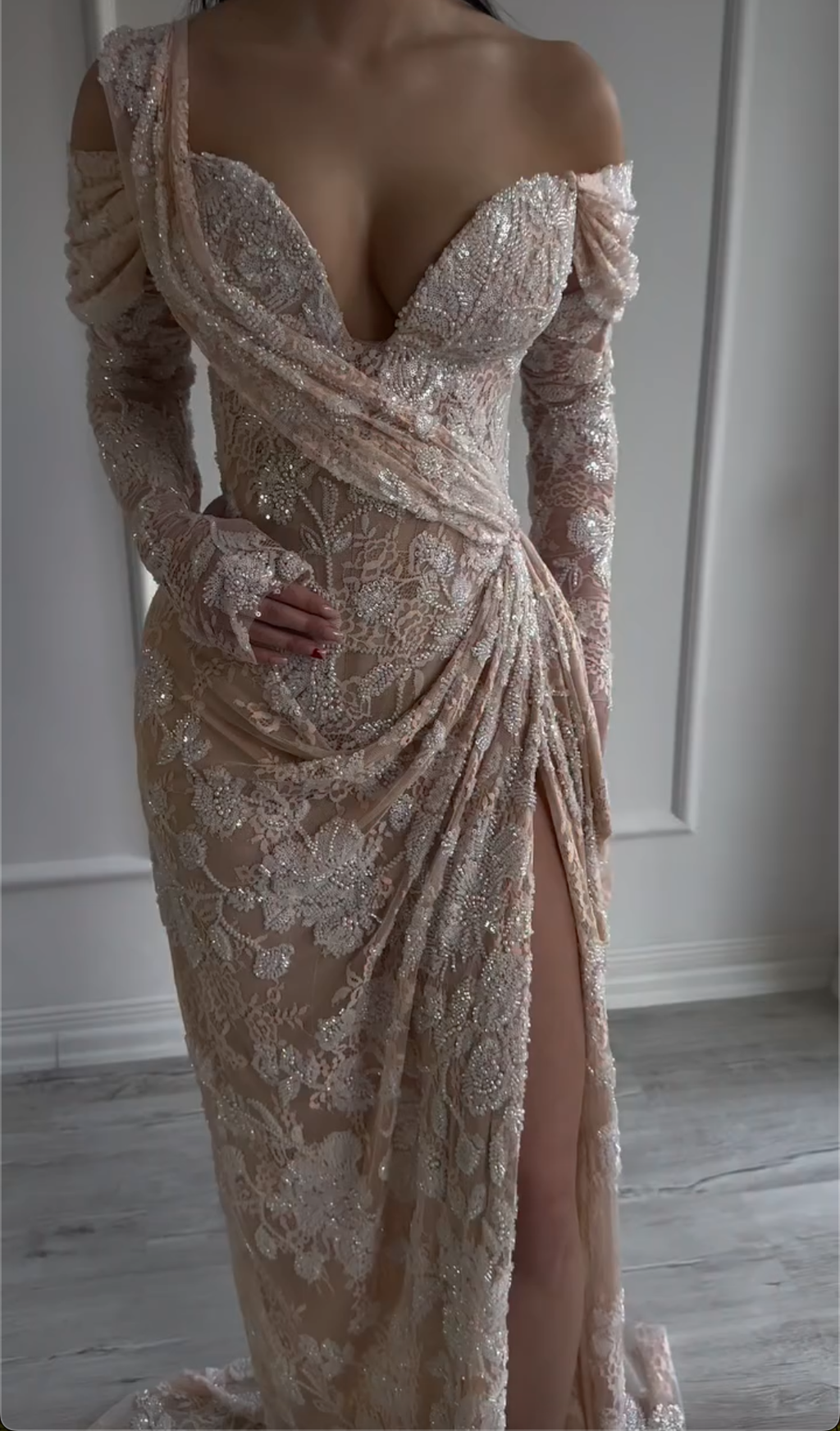 Nude Lace Rhinestone Long Sleeve Off-Shoulder Mermaid Wedding Dress