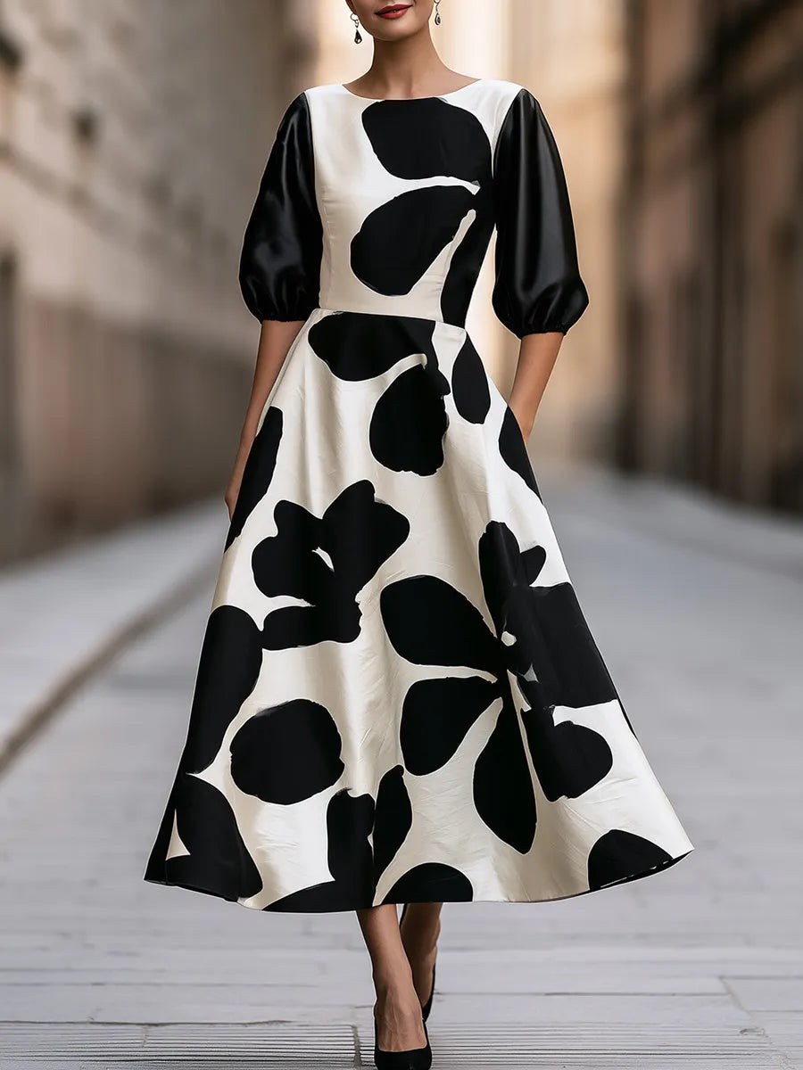 Black And Ivory Abstract Floral Puff Sleeve Maxi Dress
