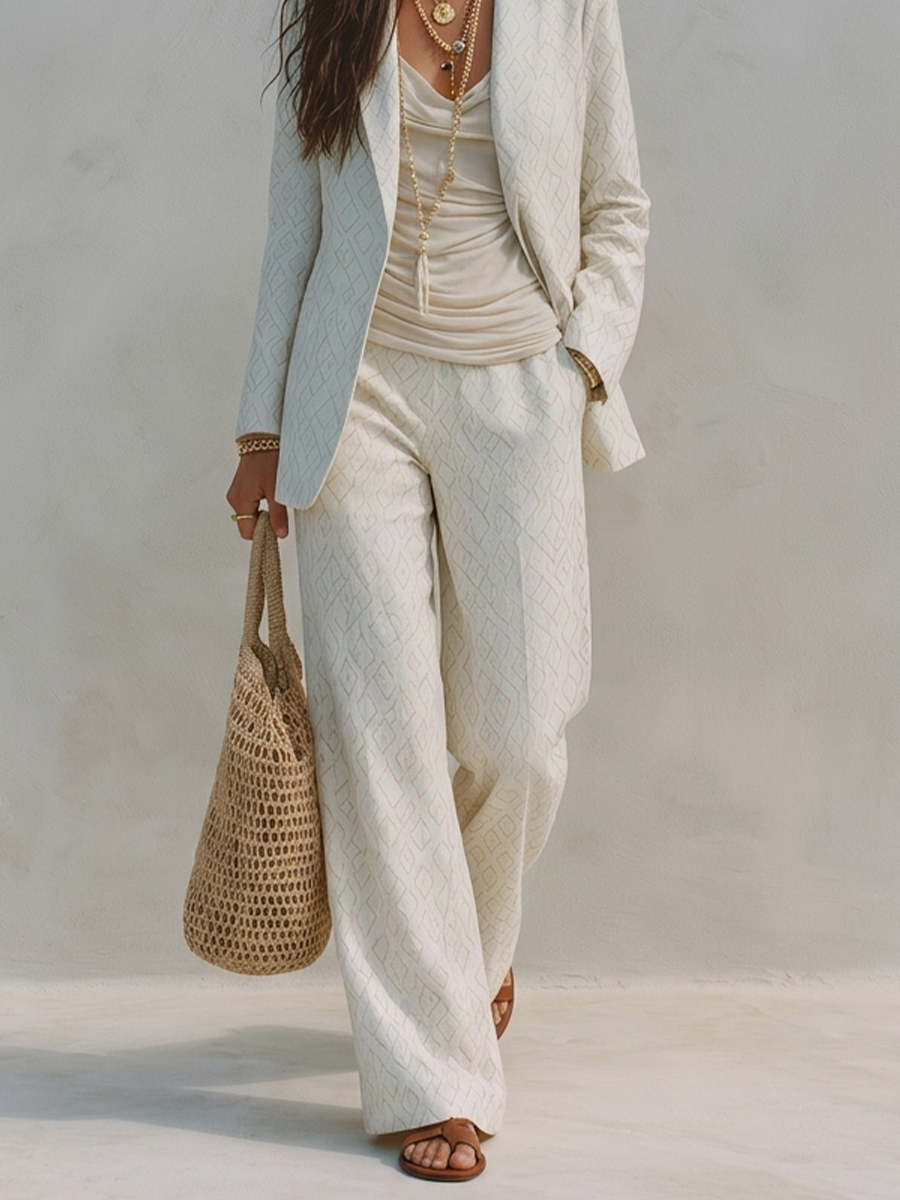 Ivory-White Diamond-Patterned Suit Set