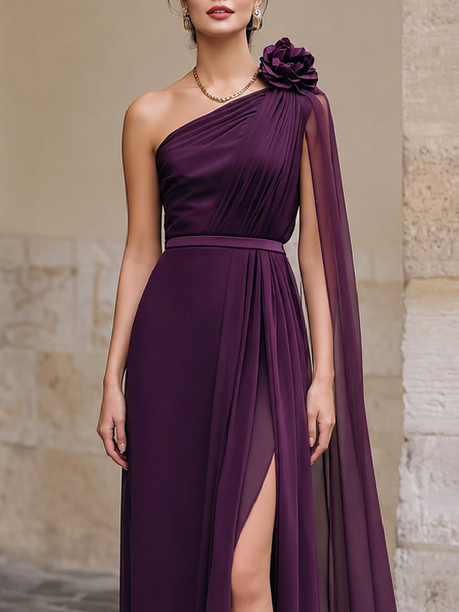 One-Shoulder Floral Detail Chiffon Evening Gown