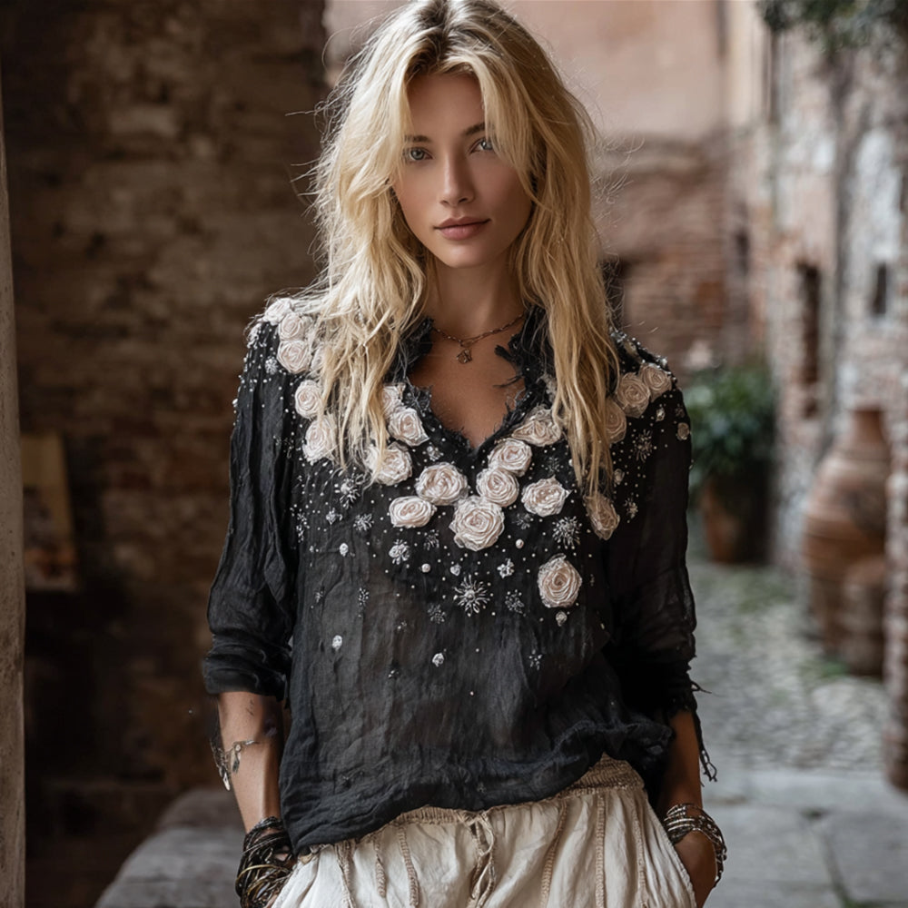 Bohème Pink Floral Hand Embroidered V-neck Long Sleeve Top