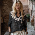 Bohème Pink Floral Hand Embroidered V-neck Long Sleeve Top