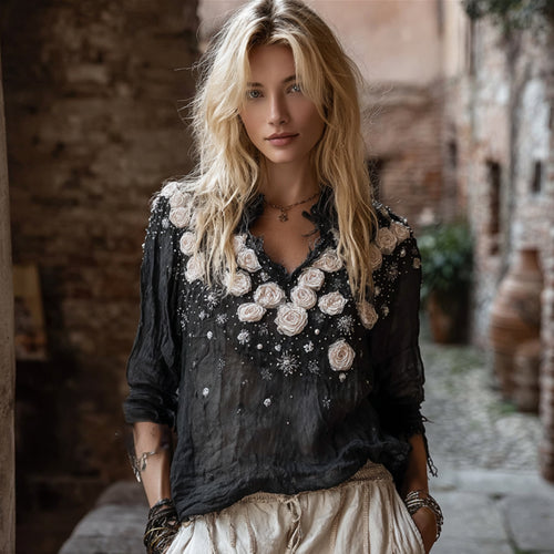 Bohème Pink Floral Hand Embroidered V-neck Long Sleeve Top