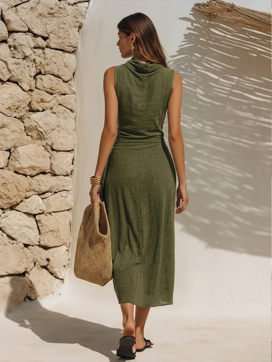 Stylish Casual Sleeveless Linen-cotton Cowl-neck Dress