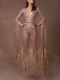 V-Neck See-Through Long Sleeve Slim Tasseled Shiny Party Jumpsuit