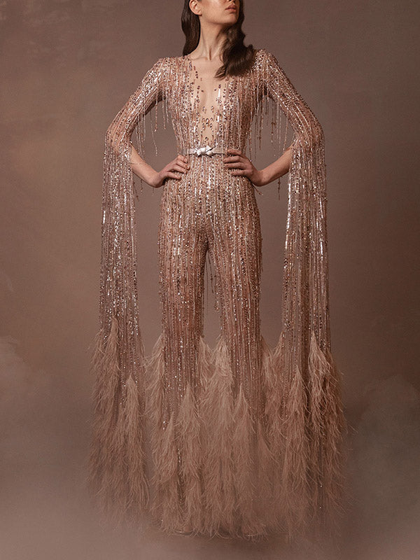 V-Neck See-Through Long Sleeve Slim Tasseled Shiny Party Jumpsuit