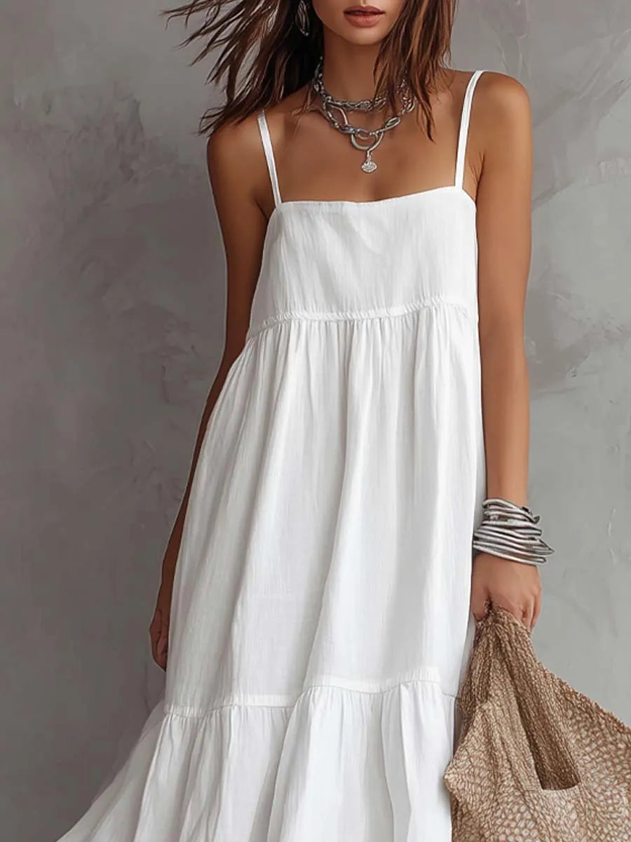 Square Neck Spaghetti Strap Cotton-linen Midi Dress