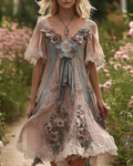 Summer Floral Embroidered Lace Patchwork Comfortable Linen Dress 6c4a