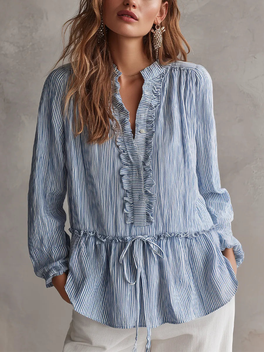 Romantic Blue Striped Ruffle Blouse
