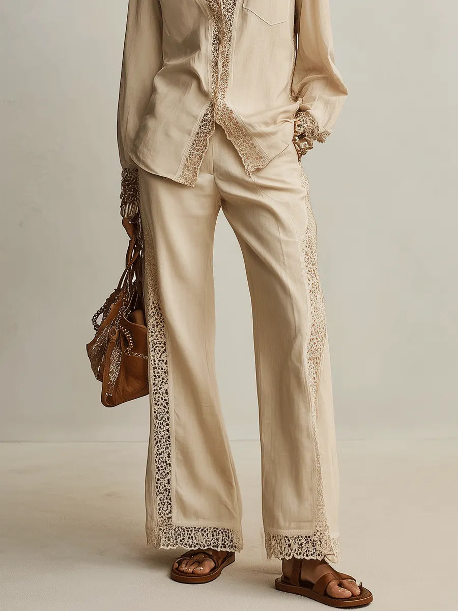 Bohemian Resort Sand Beige Lace-Trim Shirt & Wide-Leg Pants Set