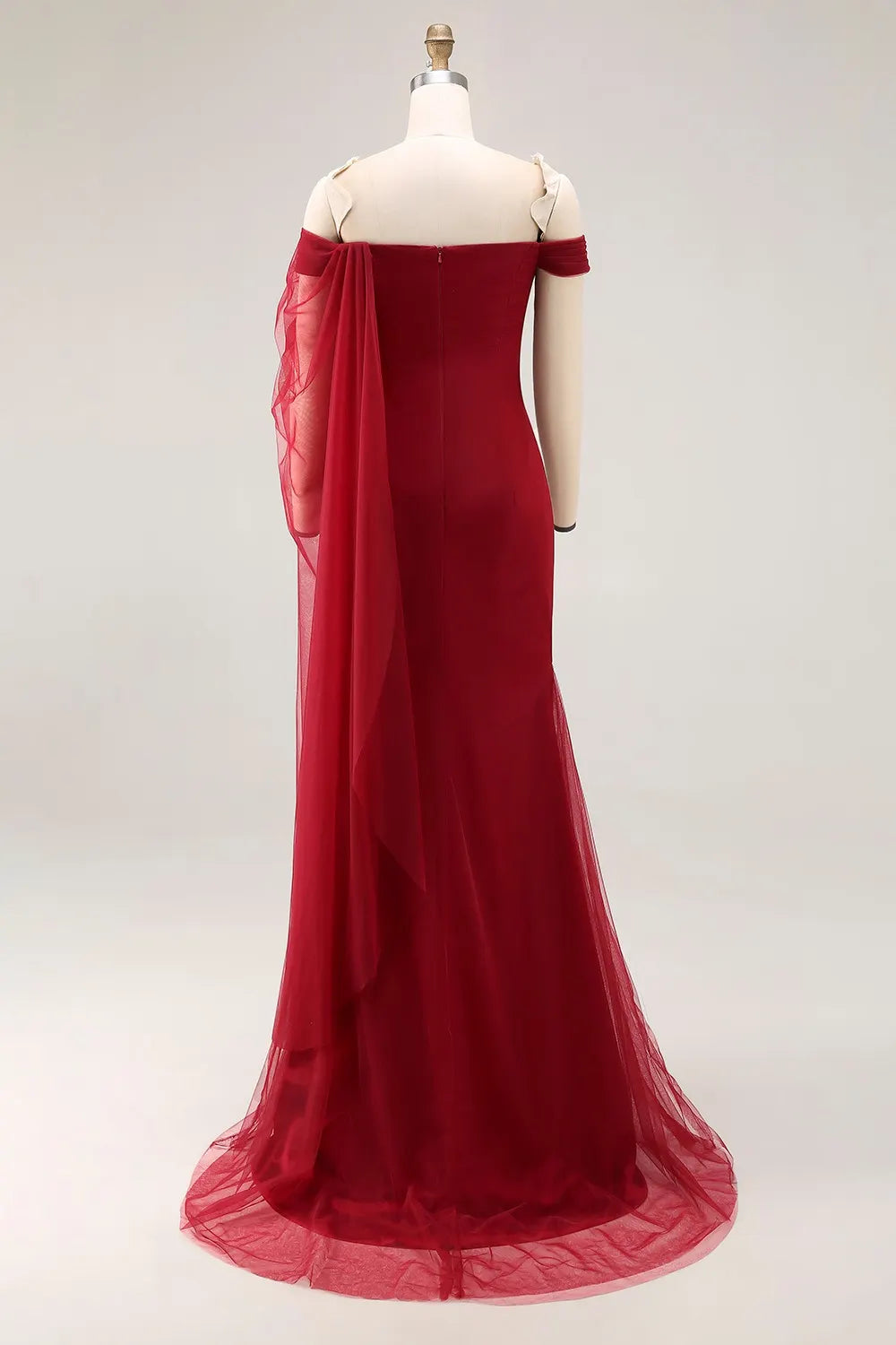 Cabernet Off the Shoulder Sheath Maxi Formal Dress with Ruffles