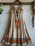 Vintage Bohemian Floral Linen Tank Dress