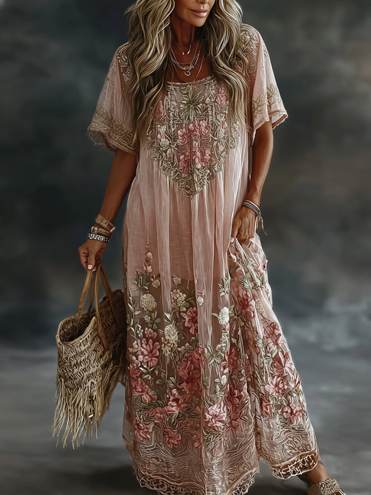 Women's Floral Art Print Flowy Linen Blend Casual Short Sleeve Maxi Dress