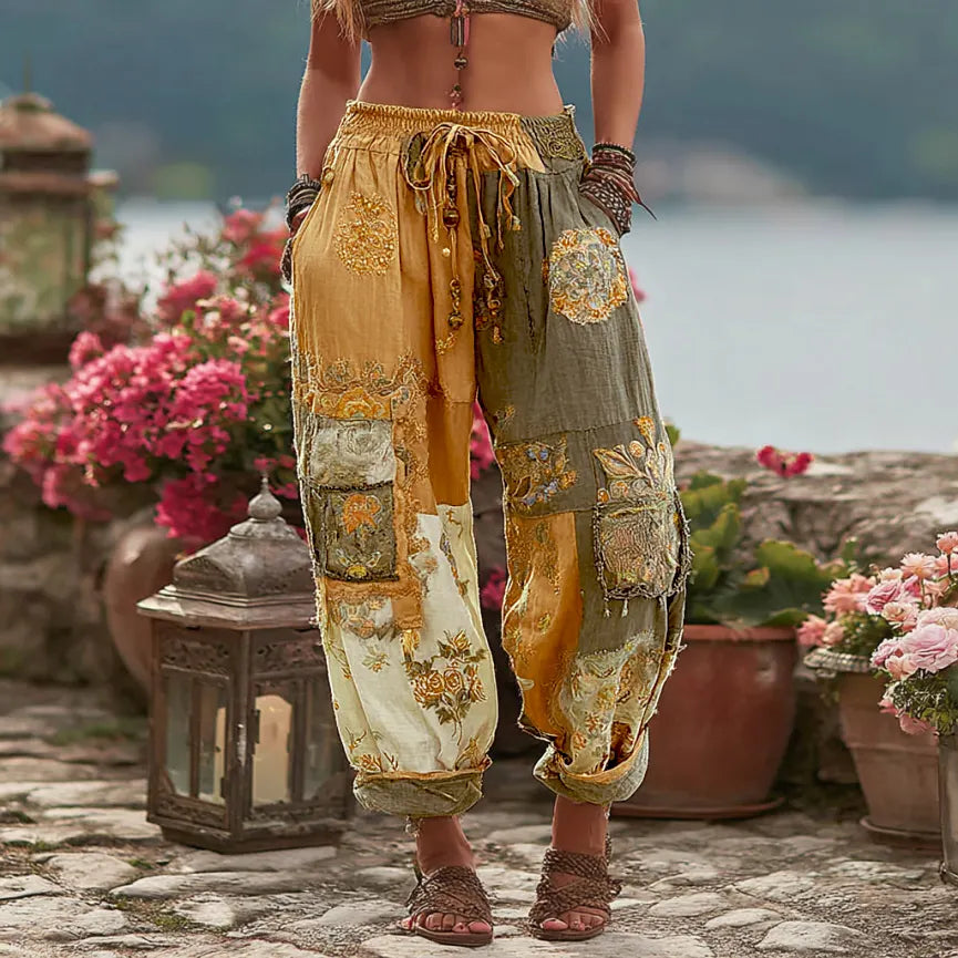 Women's Vintage Floral Embroidery Art Contrast Color Linen Blend Casual Pants