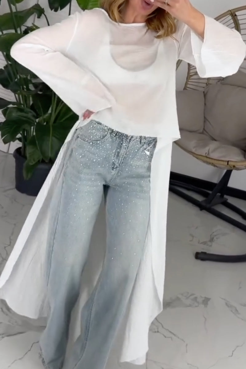 Women's Asymmetrical Chiffon Blouse + Rhinestone-Embellished Flared Jeans Set