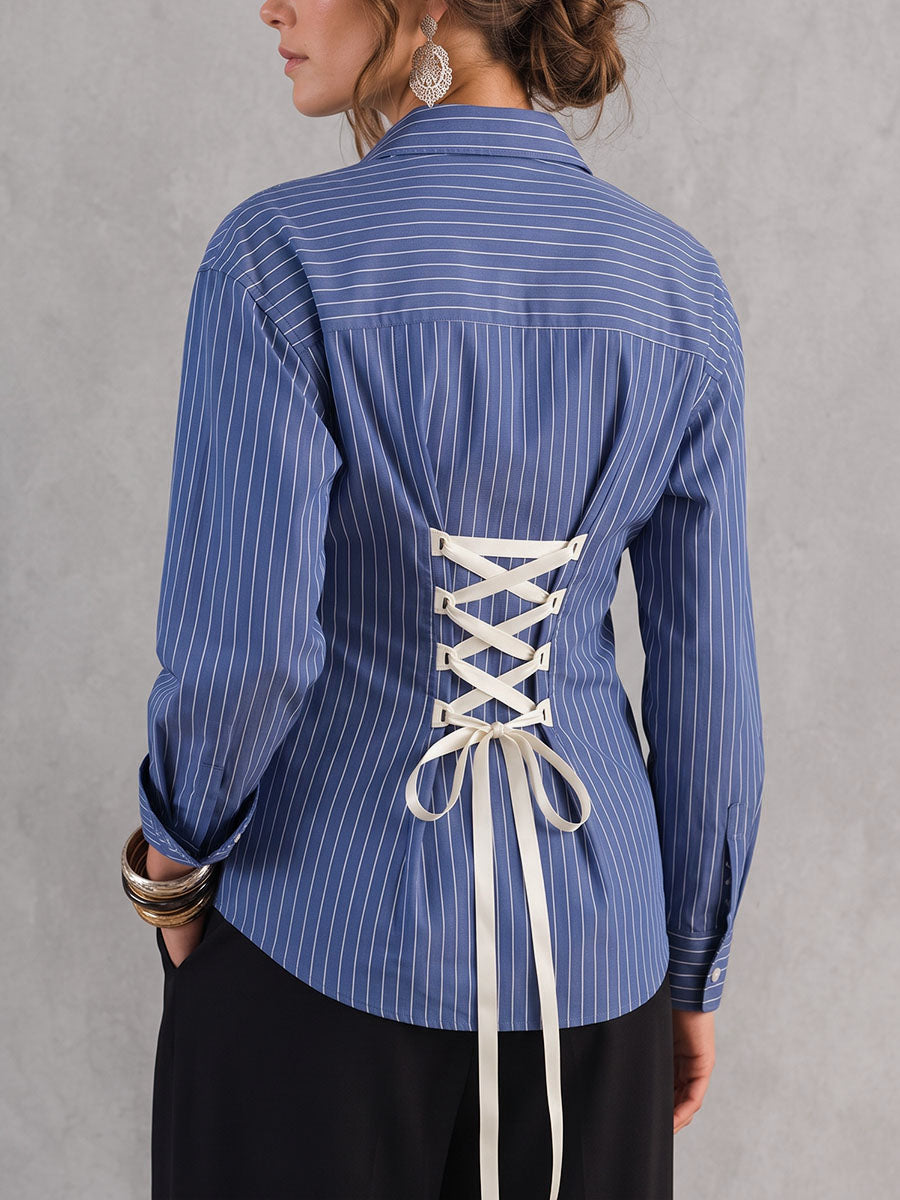 Striped Contrast Color Buttoned Bandage Long Sleeves Lapel Blouses&shirts Tops