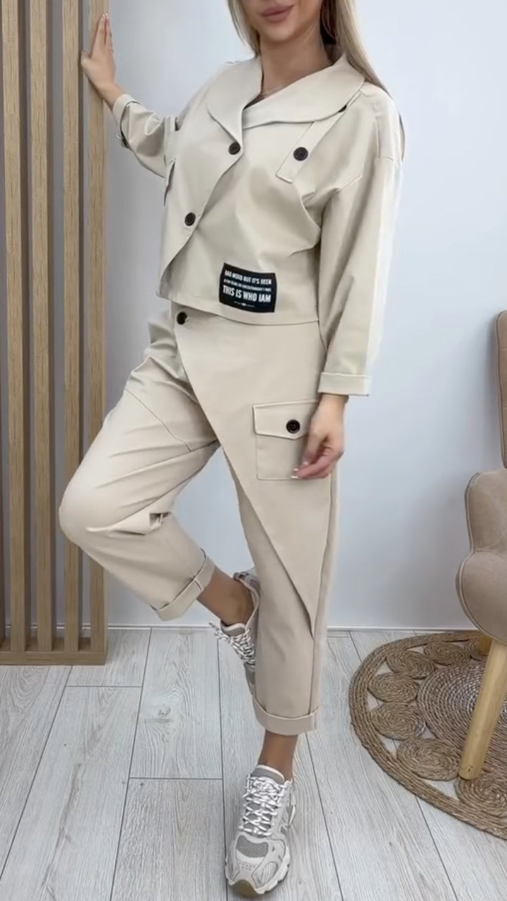 Cropped Trench Coat & Asymmetrical Wrap Cargo Pants Set