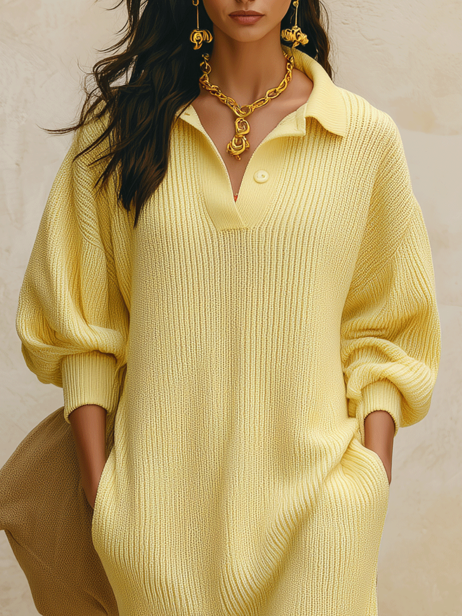 Women's Oversized Ribbed Knit Polo Collar Sweater Dress Long Sleeve Midi Dress