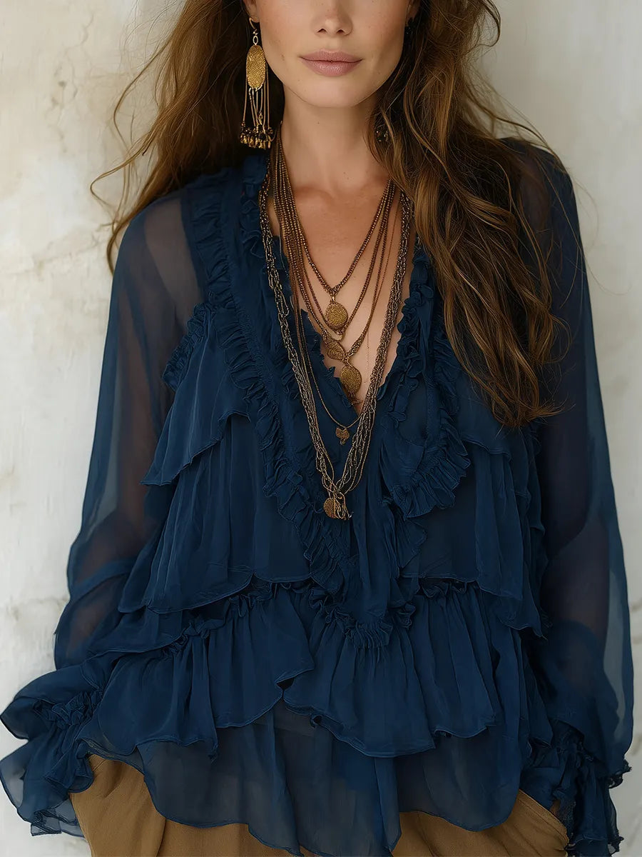 Bohemian Midnight Blue Layered Ruffle Shirt
