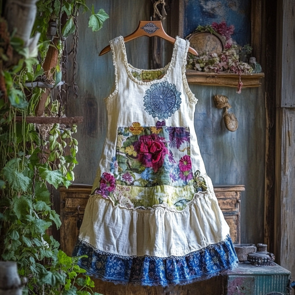 Women's Folk Floral Embroidery Linen Sleeveless Dress