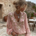 Women's Pink Floral Embroidered Art V-neck Blouse