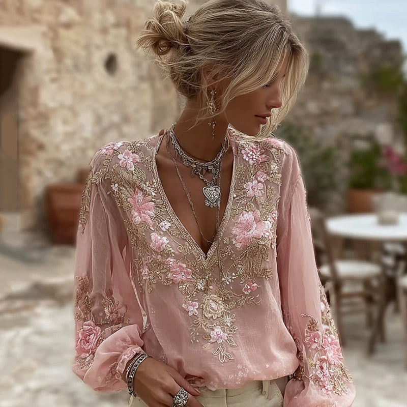 Women's Pink Floral Embroidered Art V-neck Blouse