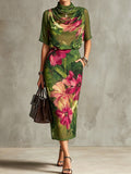 Women's Retro Abstract Print Cowl Neck Short-sleeve Loose Chiffon Top & High-waisted Pencil Skirt Set