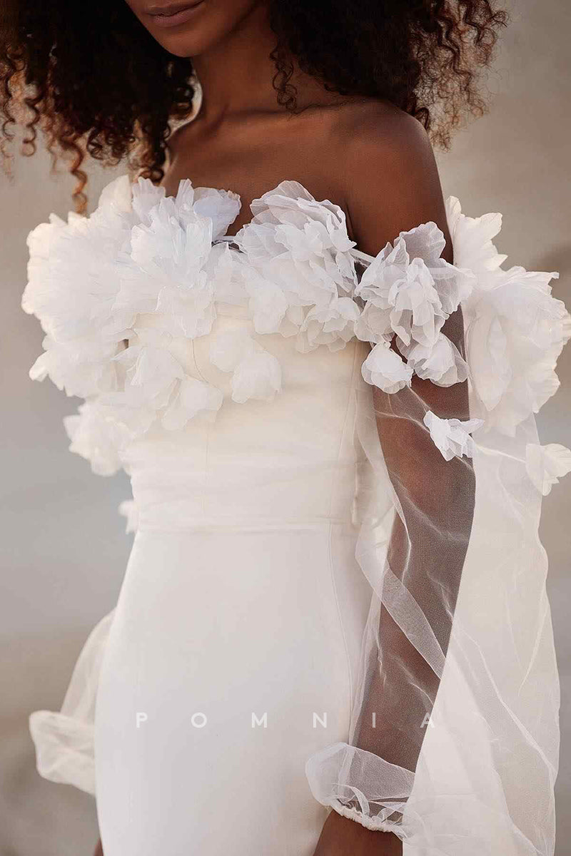P3170 - Off-Shoulder Long Sleeves Appliques Mermaid Long Beach Wedding Dress